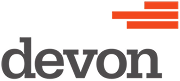 Devon Energy logo showing lowercase gray "devon" wordmark beside orange stacked bar accent, US oil and gas operator.