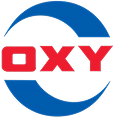 Occidental Petroleum OXY logo with red letters inside blue circular ring, international oil and gas exploration company.