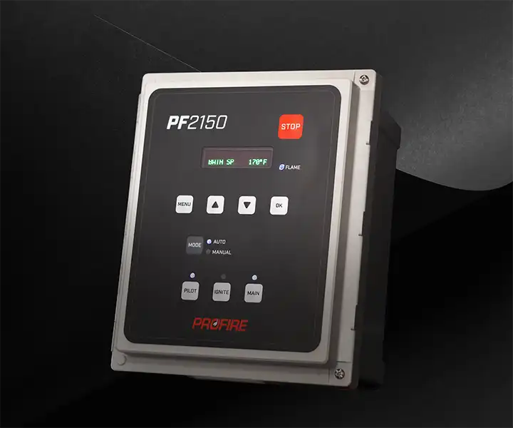 Profire PF2150 burner management system control panel with OLED display showing 170°F, menu navigation keys, mode selector, and red STOP button