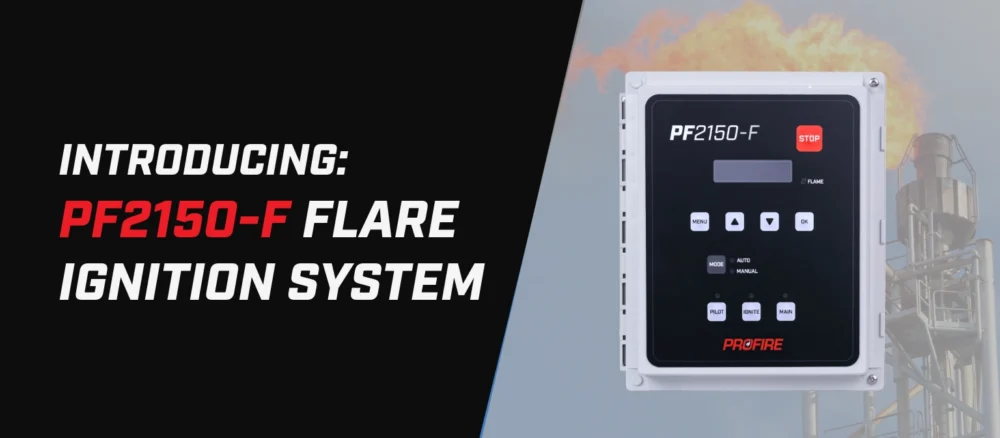 Promotional banner introducing the “PF2150-F Flare Ignition System.” The left side features bold black background text reading “INTRODUCING: PF2150-F FLARE IGNITION SYSTEM,” with “PF2150-F” highlighted in red. On the right side, a close-up of a handheld control unit labeled “PF2150-F” shows a digital screen displaying “READY PILOT TEMP 204°F,” along with buttons including menu arrows, mode indicators (auto/manual), and a red “STOP” button. Behind the device, an industrial flare stack emits a visible flame against a lightly clouded sky.