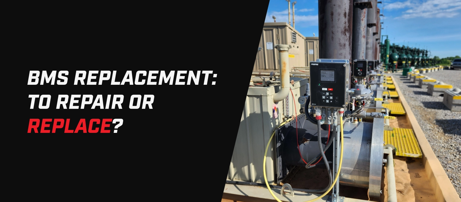 Banner image showing industrial gas facility equipment with a Profire controller mounted on piping in the foreground, and rows of similar units extending into the background. On the left side, bold text reads “BMS Replacement: To Repair or Replace?” with “Replace?” highlighted in red against a black background with BMS being short for Burner Management System Replacement.