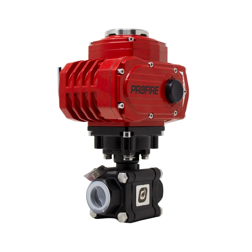 Front three-quarter view of the Profire CV100-V Control Valve showing the red 24 VDC electric actuator, manual override, and threaded ball valve assembly.