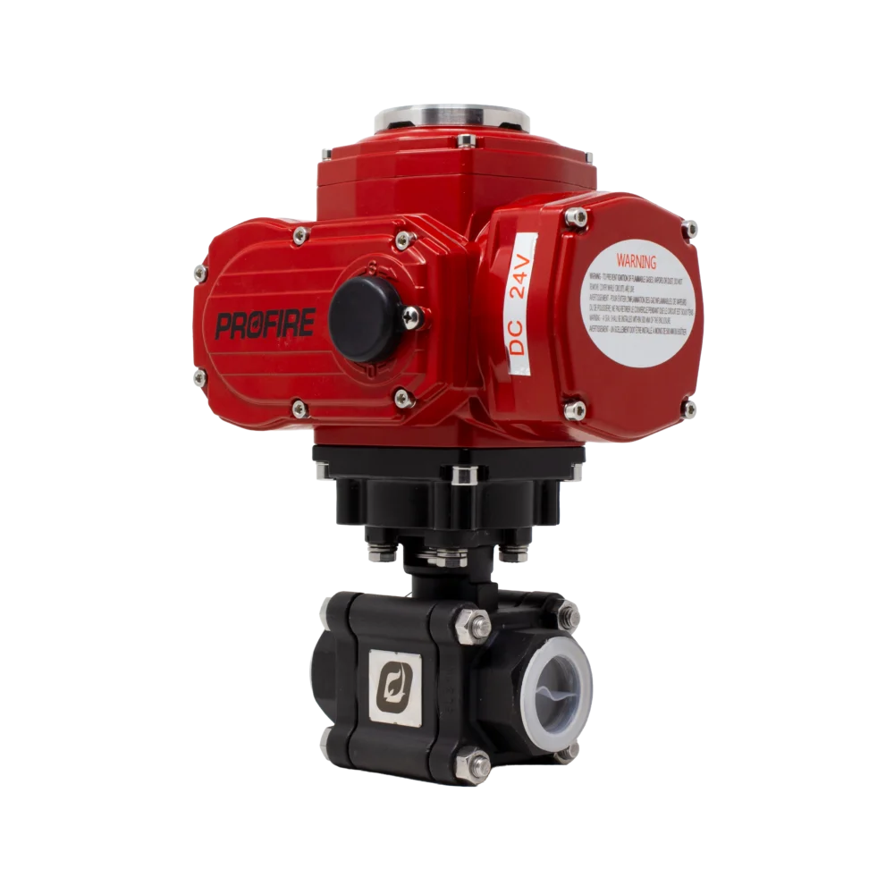 Rear three-quarter view of the Profire CV100-V Control Valve showing the finned red electric actuator and black threaded ball valve with process connection.