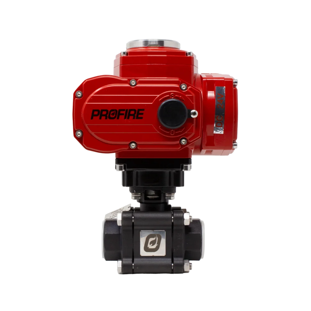 Front view of the Profire CV100-V Control Valve with a red 24 VDC electric actuator mounted on a black threaded ball valve.