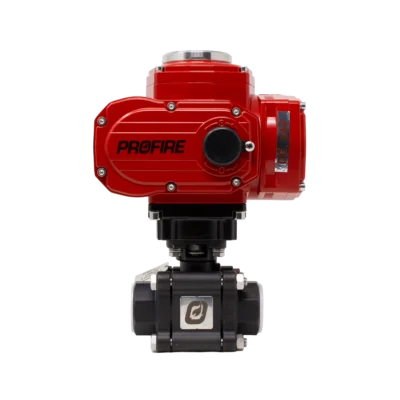 Front view of the Profire CV100-V Control Valve with a red 24 VDC electric actuator mounted on a black threaded ball valve.