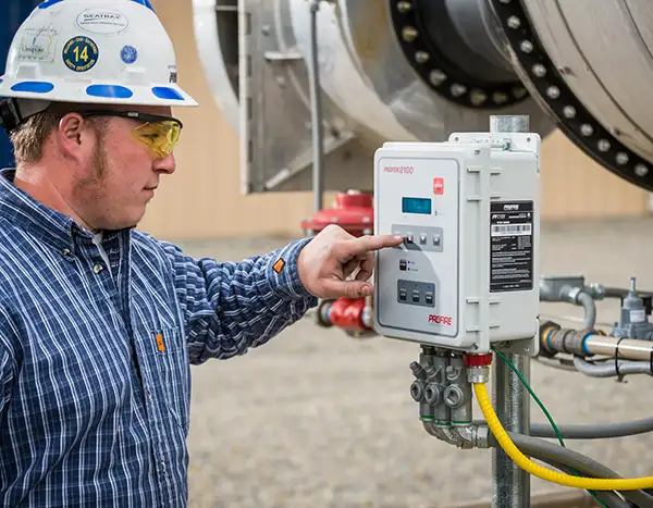 A worker in a hard hat and safety glasses operates a Profire 2100 control panel mounted beside industrial piping.