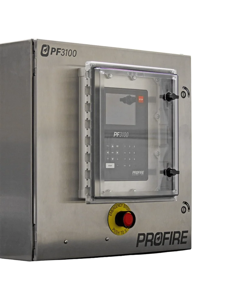 Angled front view of a Profire PF3100 controller housed in a stainless steel control cabinet with a transparent protective door. The enclosure includes a keypad and display interface, a red emergency stop button, and prominent PROFIRE branding on the lower front of the cabinet.