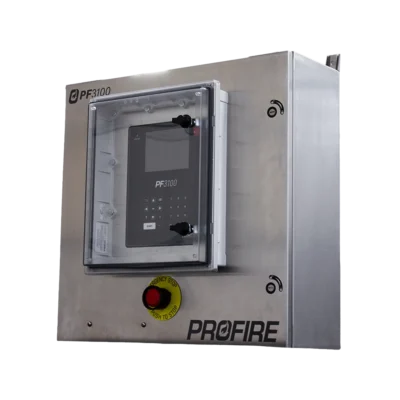 Profire PF3100 controller housed in a stainless steel industrial control cabinet with a transparent protective door. The enclosure features a PF3100 touchscreen interface and keypad, a red emergency stop button on the front panel, and PROFIRE branding at the bottom. Isolated product image on a white background.