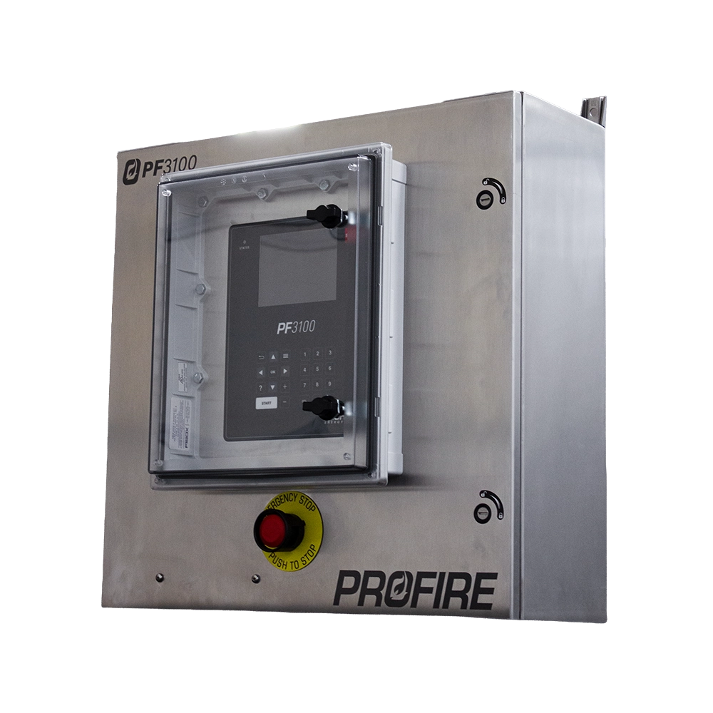Profire PF3100 controller housed in a stainless steel industrial control cabinet with a transparent protective door. The enclosure features a PF3100 touchscreen interface and keypad, a red emergency stop button on the front panel, and PROFIRE branding at the bottom. Isolated product image on a white background.