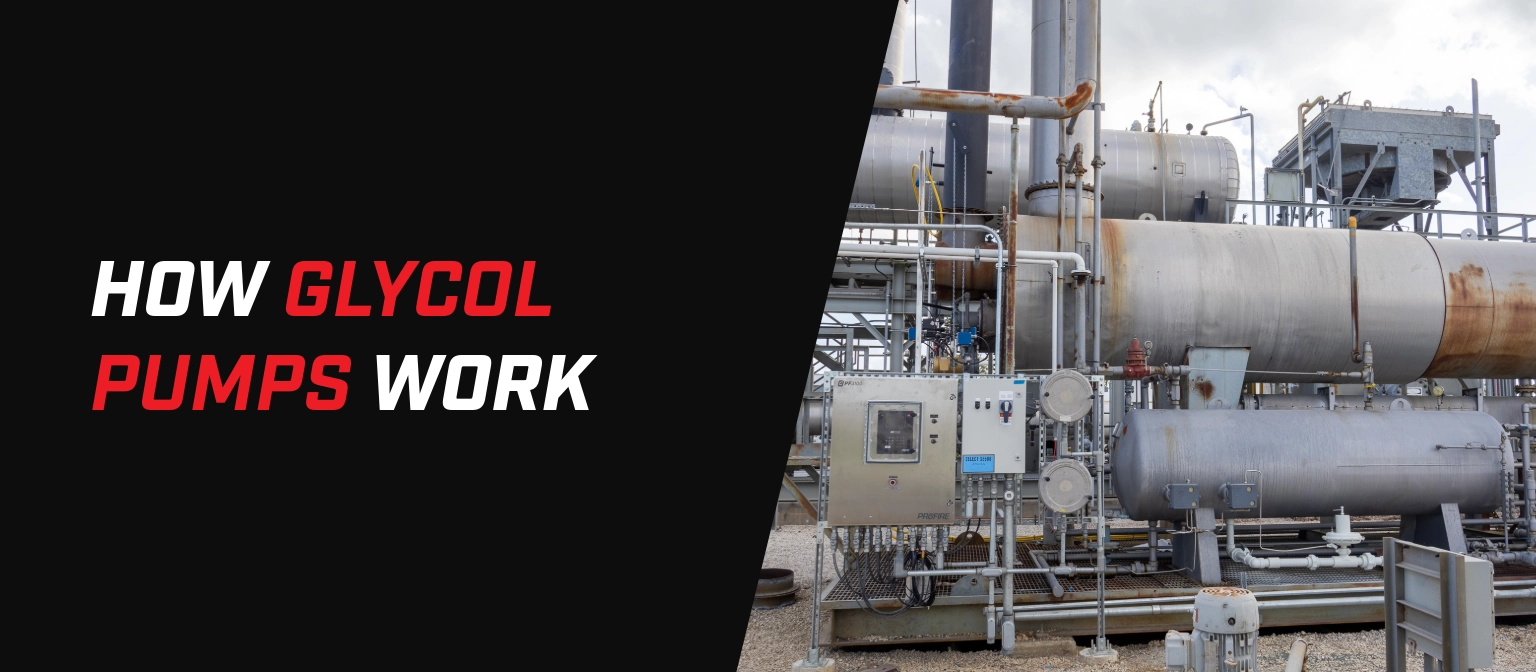 Banner image titled “How Glycol Pumps Work” with white and red text on a black background. The right side shows an industrial glycol pumping and processing skid at an oil and gas facility, featuring large horizontal vessels, piping, instrumentation, control panels, and structural steel equipment under a cloudy sky.