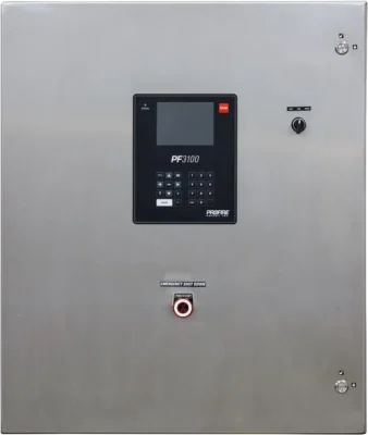 Profire PF3100-QP36 burner management and combustion control panel housed in a stainless steel enclosure. The front door features an integrated PF3100 touchscreen operator interface with keypad, a red emergency shutdown push button, a three-position selector switch, and two lockable door latches. The enclosure is shown from the front against a white background.