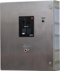 Profire PF3100 controller mounted in a large stainless steel control panel with emergency stop button