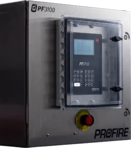 Profire PF3100-E24 controller mounted in a stainless steel enclosure with a clear cover and emergency stop button